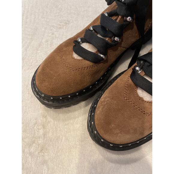 STEVE MADDEN Rainier Cognac Suede Lug Sole Lace-Up Platform Ankle Boots 5.5 - Picture 6 of 11